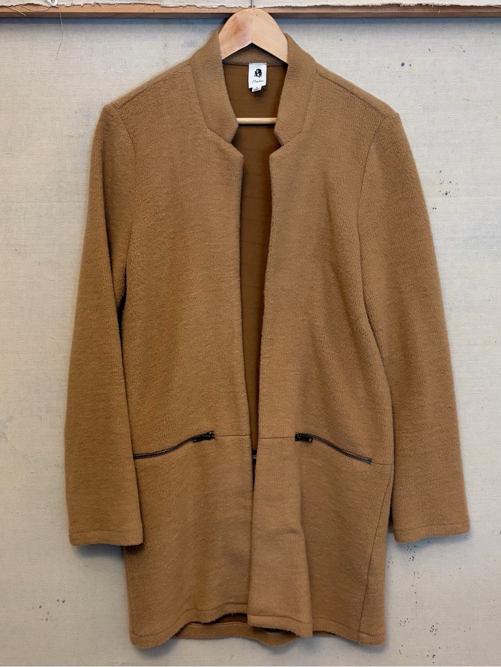 Women’s Camel Color Open Front Mid-Length Coatigan, Size Small